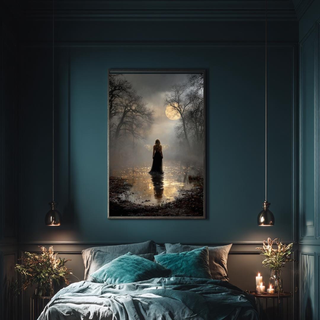 Dark Fairy Moonlit Enchanted Forest Wall Art Print, Gothic Fantasy Fae Golden Wings Artwork