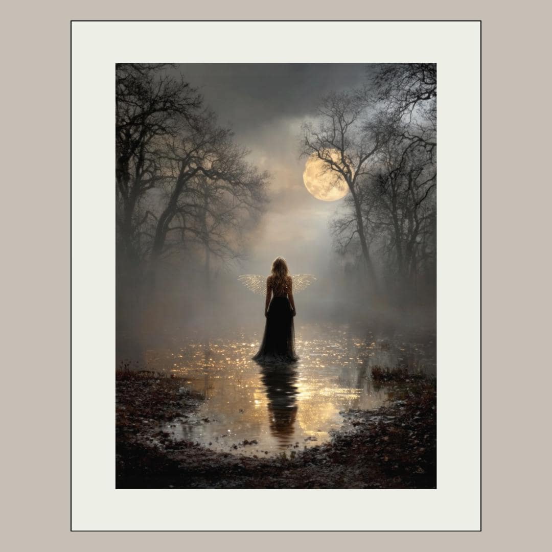 Dark Fairy Moonlit Enchanted Forest Wall Art Print, Gothic Fantasy Fae Golden Wings Artwork