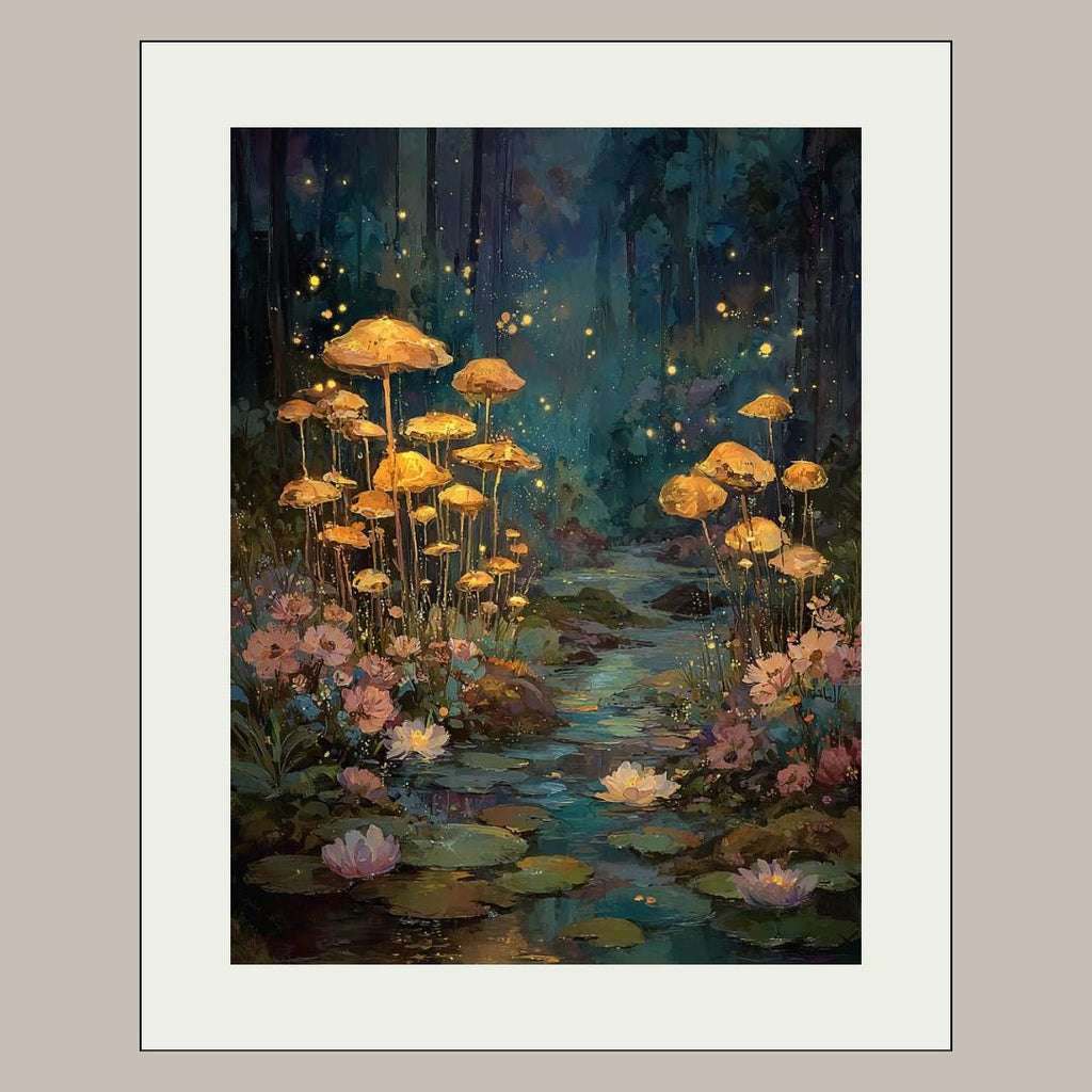 Whimsical Mushroom Forest Wall Art Print, Enchanted Woodland Fireflies Pond, Moonlit Fairycore Artwork Decor