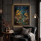 Whimsical Mushroom Forest Wall Art Print, Enchanted Woodland Fireflies Pond, Moonlit Fairycore Artwork Decor