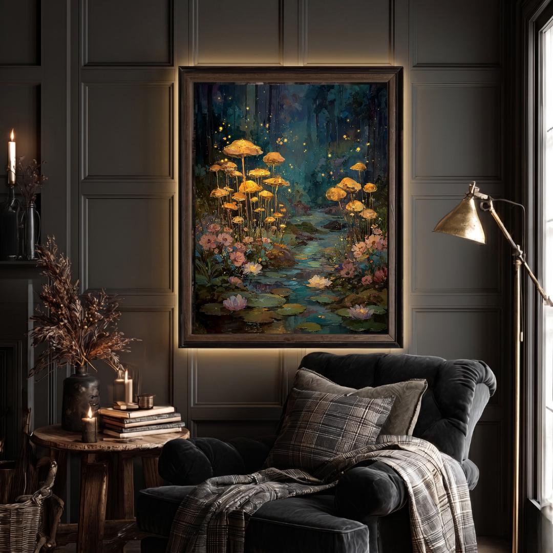 Whimsical Mushroom Forest Wall Art Print, Enchanted Woodland Fireflies Pond, Moonlit Fairycore Artwork Decor