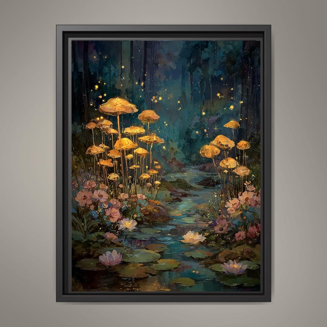 Whimsical Mushroom Forest Wall Art Print, Enchanted Woodland Fireflies Pond, Moonlit Fairycore Artwork Decor Main image