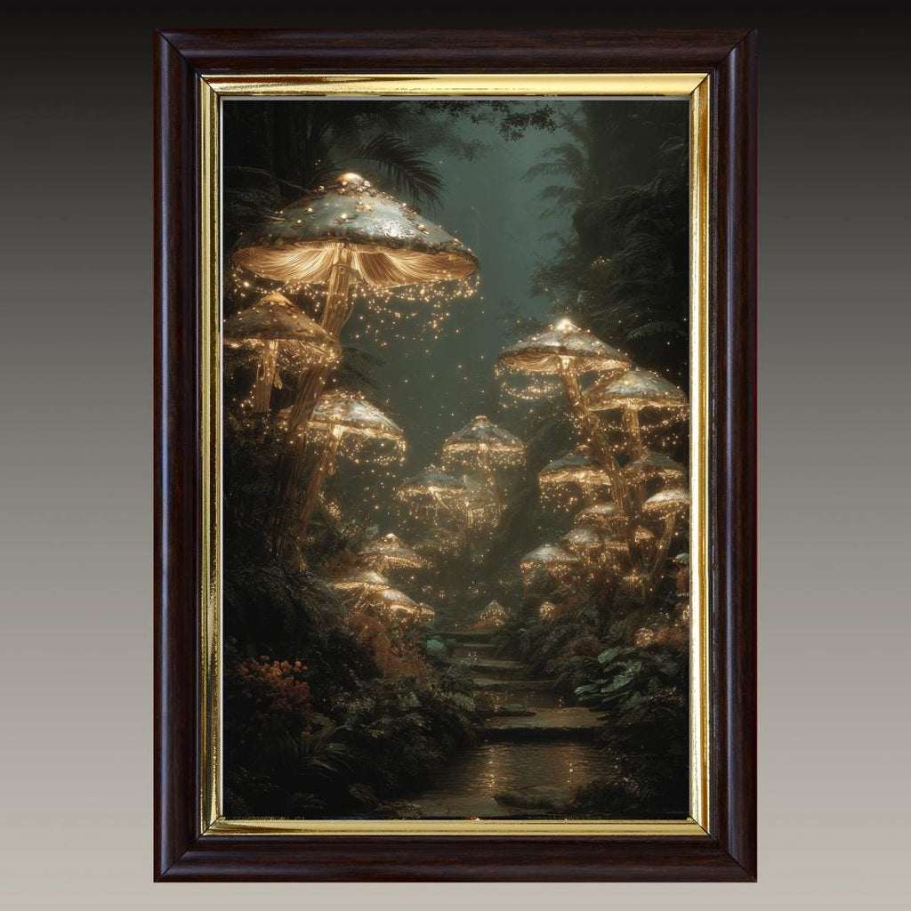 Glowing Mushrooms Forest Wall Art Print, Enchanted Woodland Decor, Dark and Moody Fairycore Artwork
