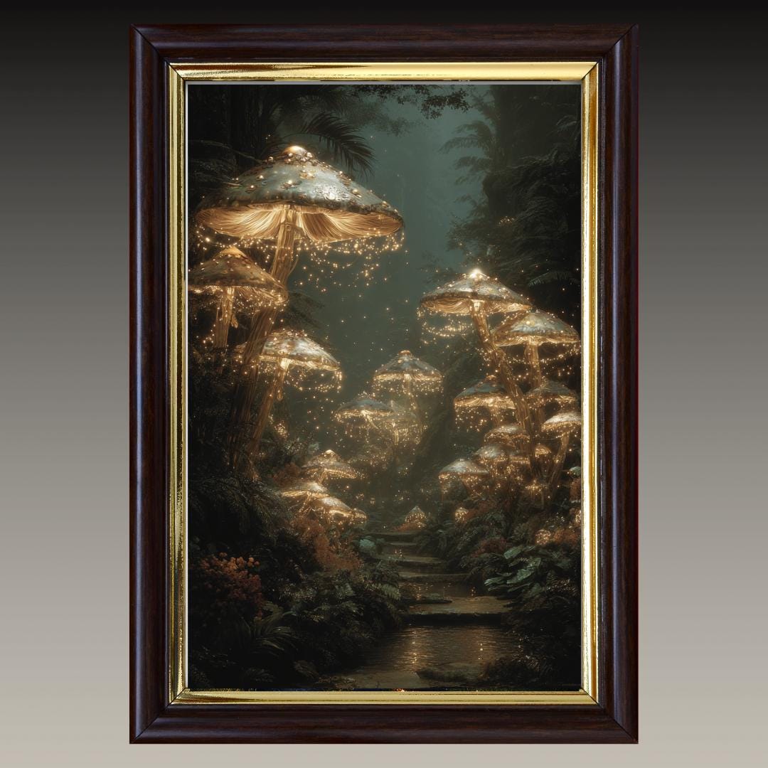 Glowing Mushrooms Forest Wall Art Print, Enchanted Woodland Decor, Dark and Moody Fairycore Artwork
