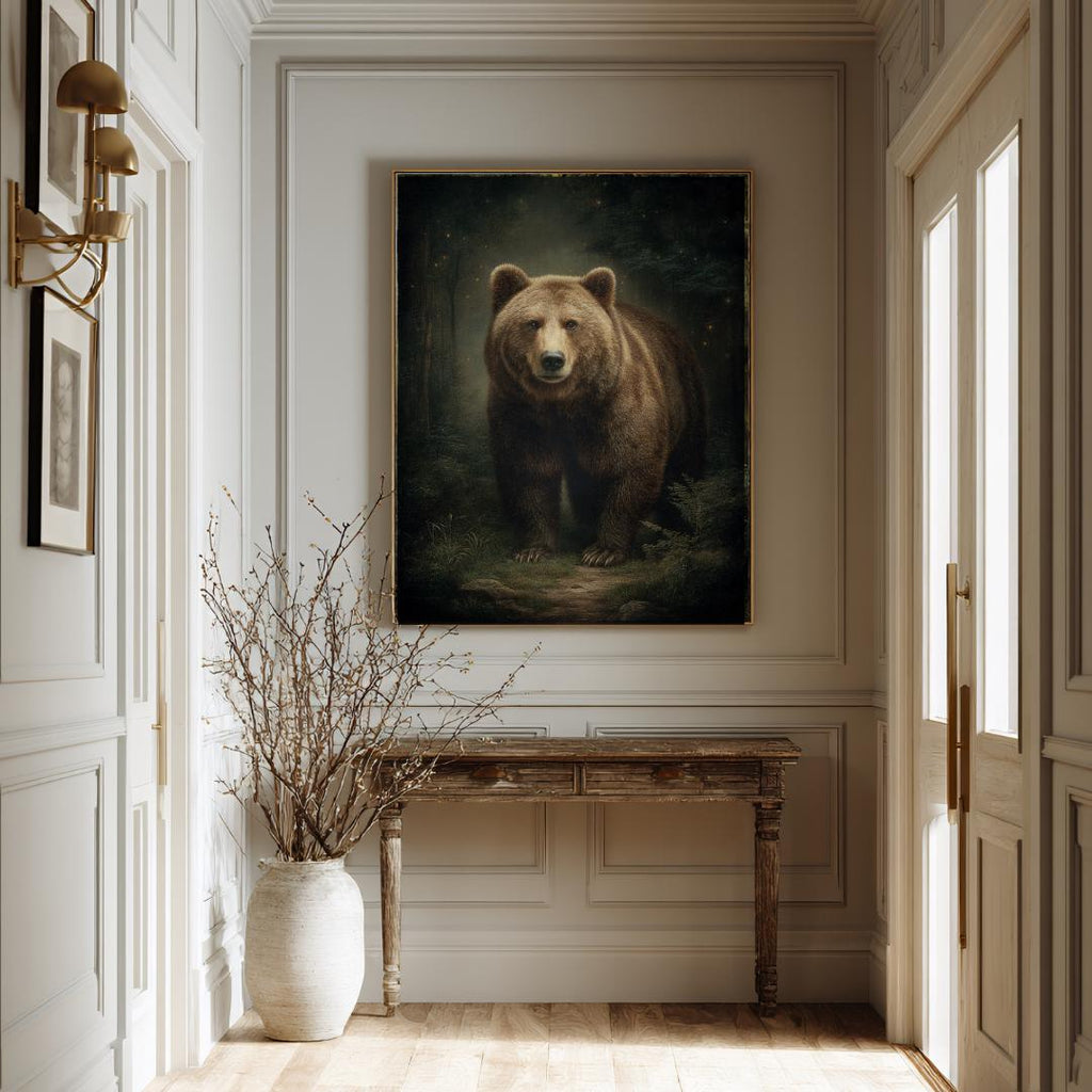 Brown Bear Wall Art Print, Moody Woodland Animal Painting, Rustic Forest Nature Decor Artwork
