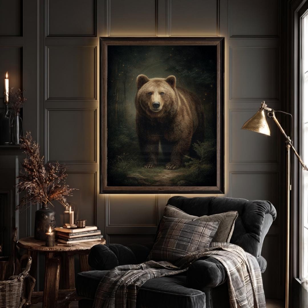 Brown Bear Wall Art Print, Moody Woodland Animal Painting, Rustic Forest Nature Decor Artwork