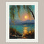 Moonlit Willow Lake Wall Art Print, Teal and Gold Landscape, Enchanted Fireflies Decor Artwork