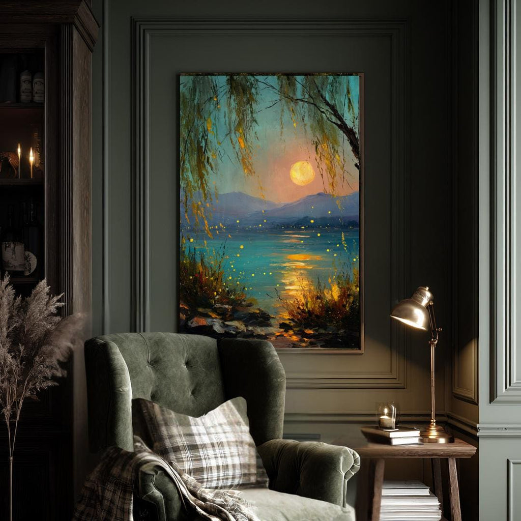 Moonlit Willow Lake Wall Art Print, Teal and Gold Landscape, Enchanted Fireflies Decor Artwork