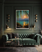 Moonlit Willow Lake Wall Art Print, Teal and Gold Landscape, Enchanted Fireflies Decor Artwork