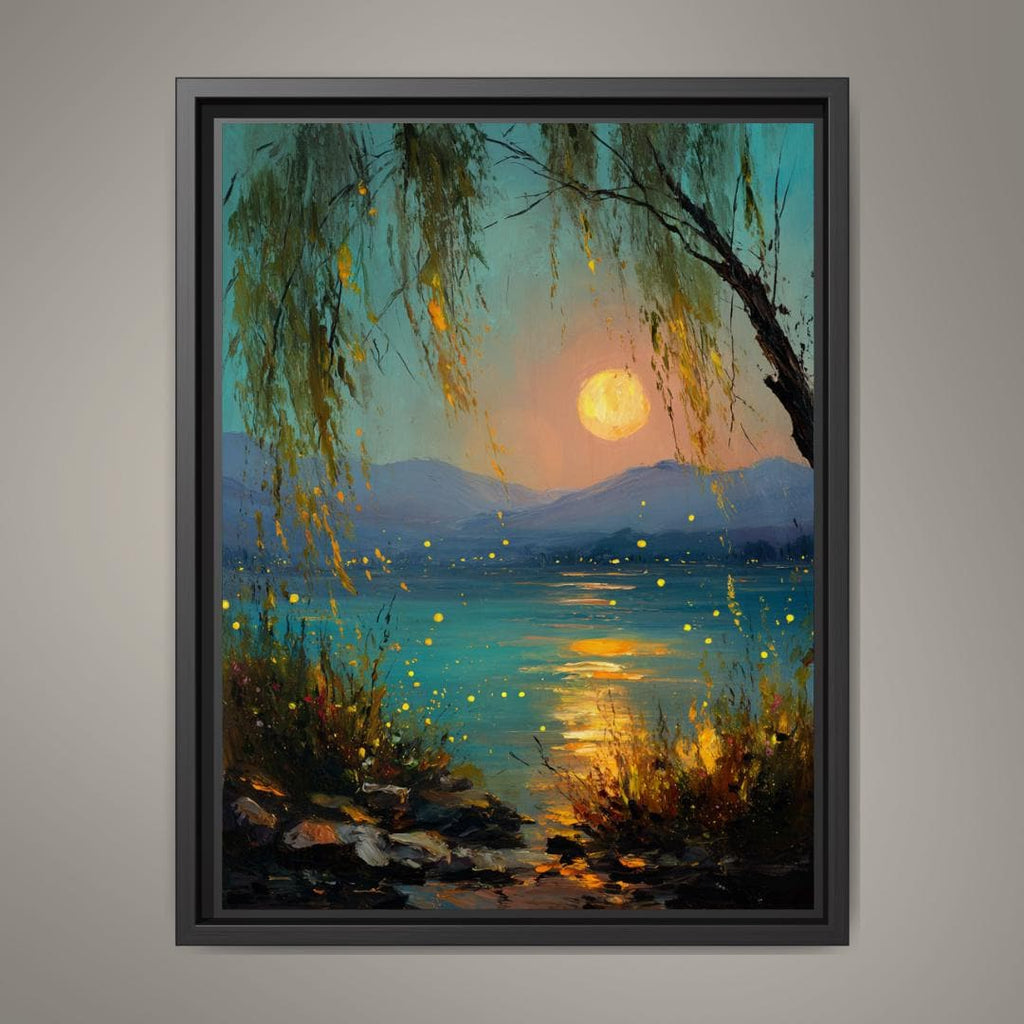 Moonlit Willow Lake Wall Art Print, Teal and Gold Landscape, Enchanted Fireflies Decor Artwork