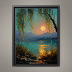 Moonlit Willow Lake Wall Art Print, Teal and Gold Landscape, Enchanted Fireflies Decor Artwork