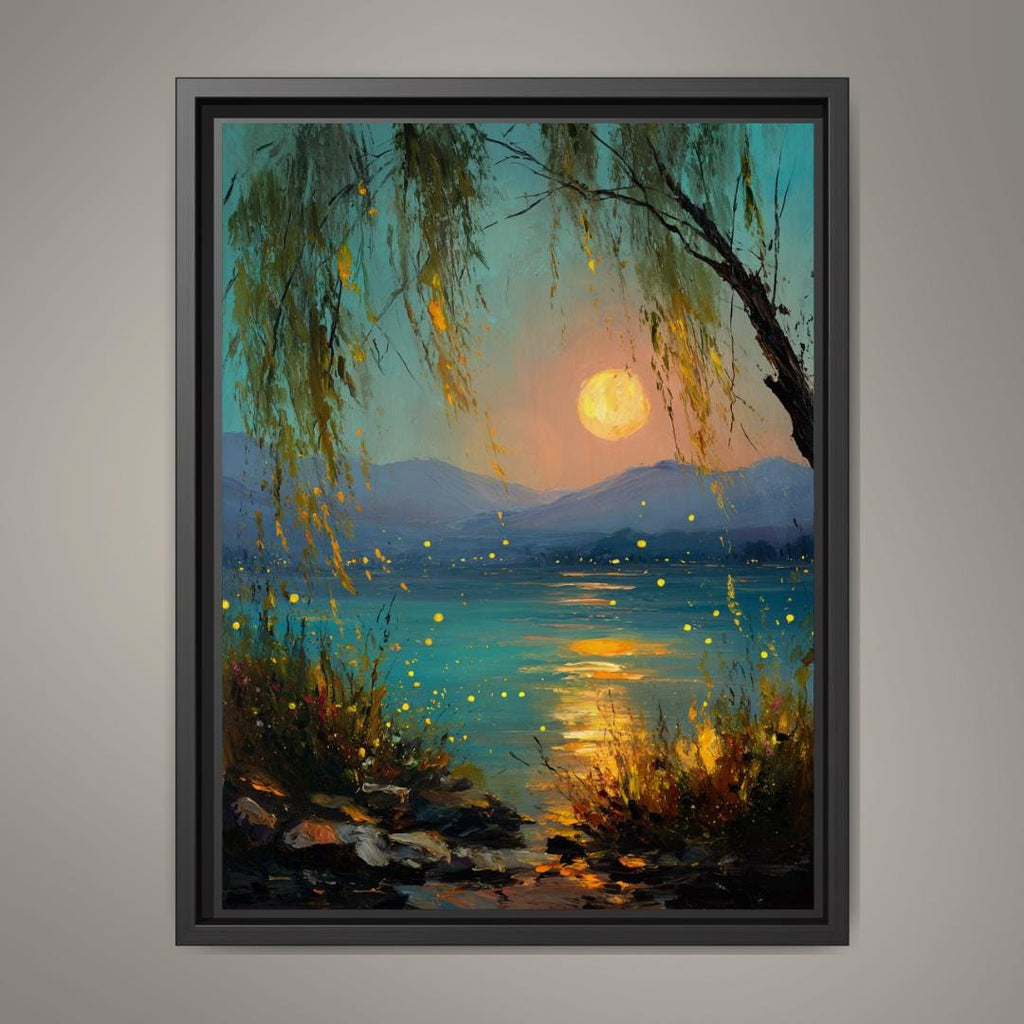 Moonlit Willow Lake Wall Art Print, Teal and Gold Landscape, Enchanted Fireflies Decor Artwork