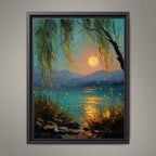 Moonlit Willow Lake Wall Art Print, Teal and Gold Landscape, Enchanted Fireflies Decor Artwork