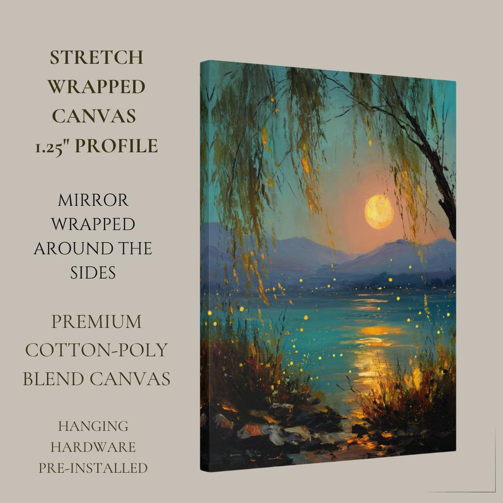 Moonlit Willow Lake Wall Art Print, Teal and Gold Landscape, Enchanted Fireflies Decor Artwork