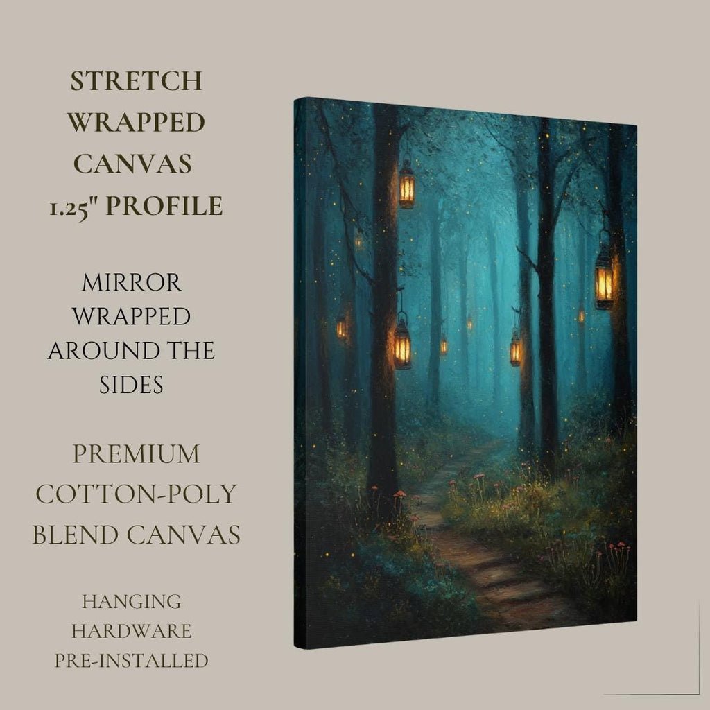 Enchanted Woodland Path Print Golden Lanterns Moonlit Trees Wall Art, Magical Whimsical Decor