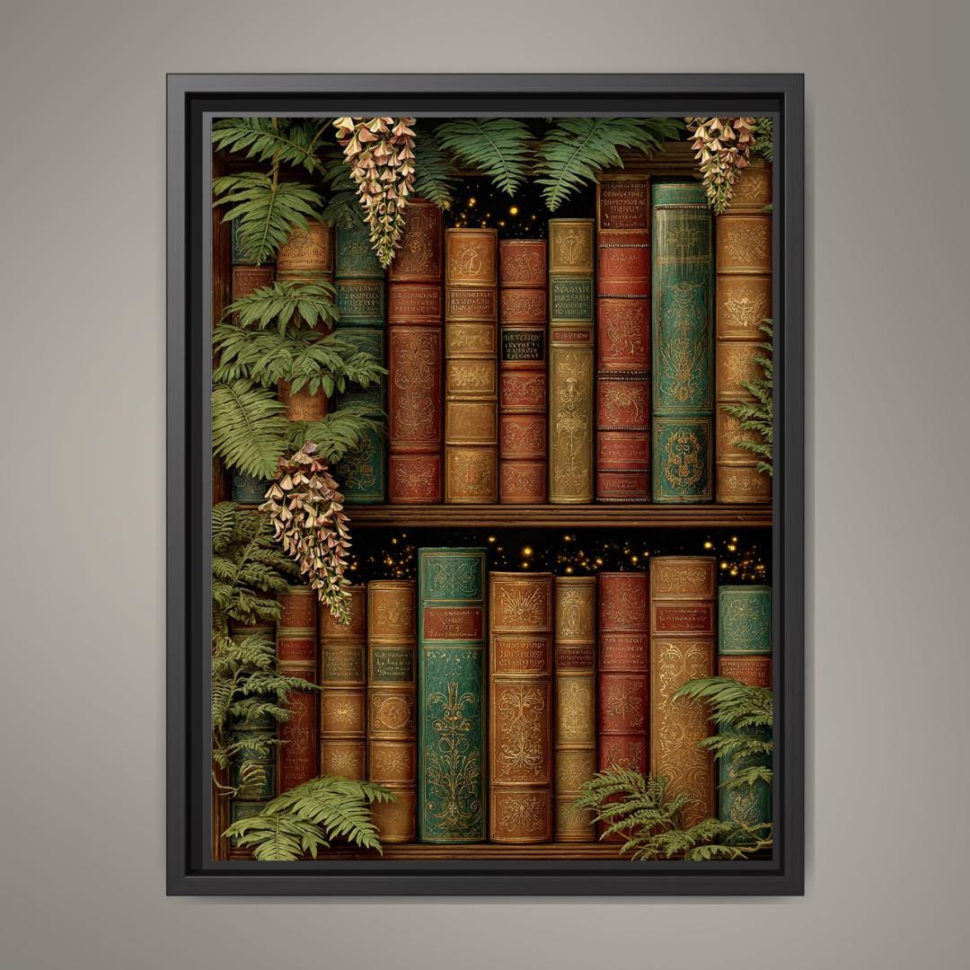 Vintage Bookshelf Wall Art Print, Dark Academia Library Decor, Botanical Book Lover Artwork Main image