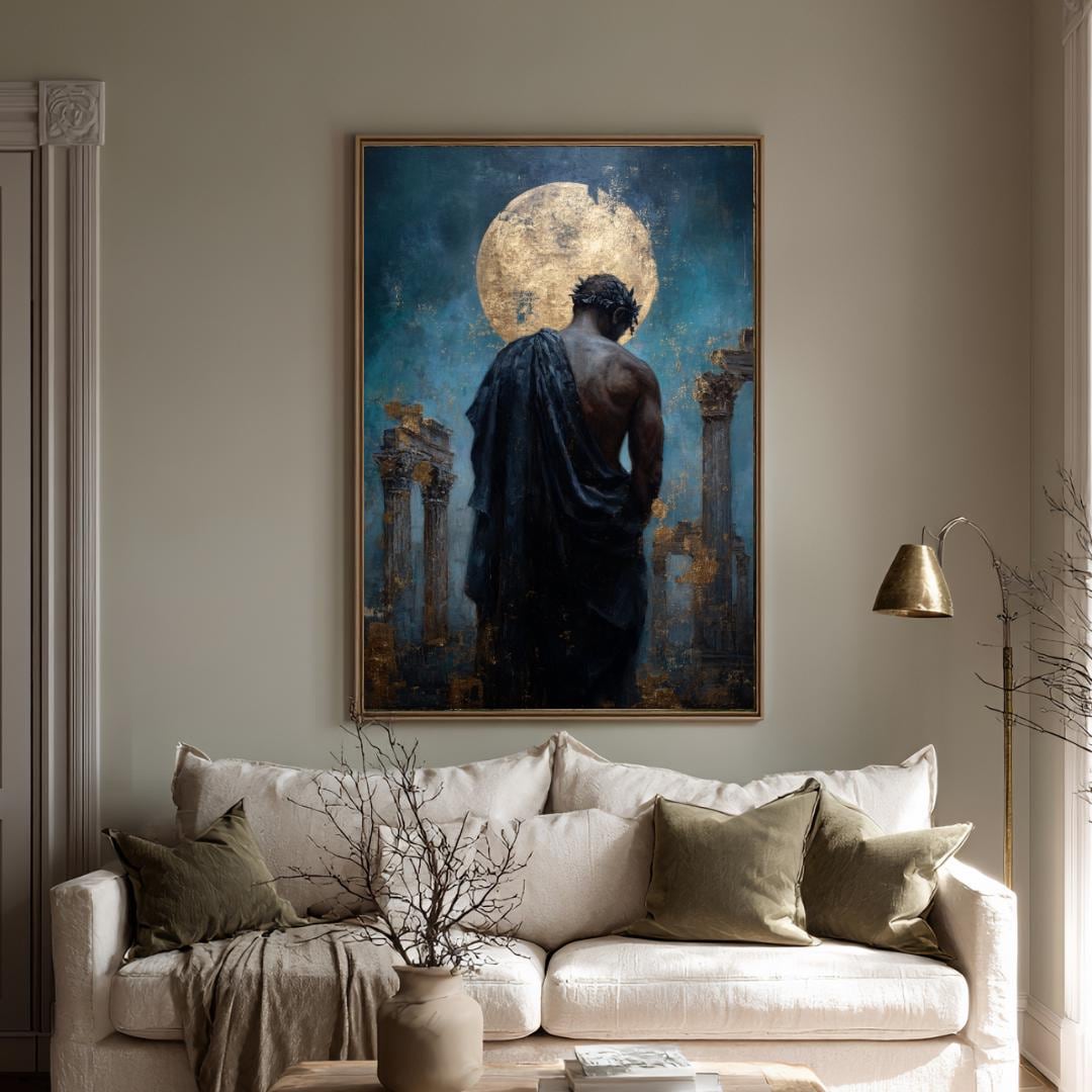 Greek God Wall Art Print, Celestial Mythology Painting, Dark Academia Moon Decor Artwork