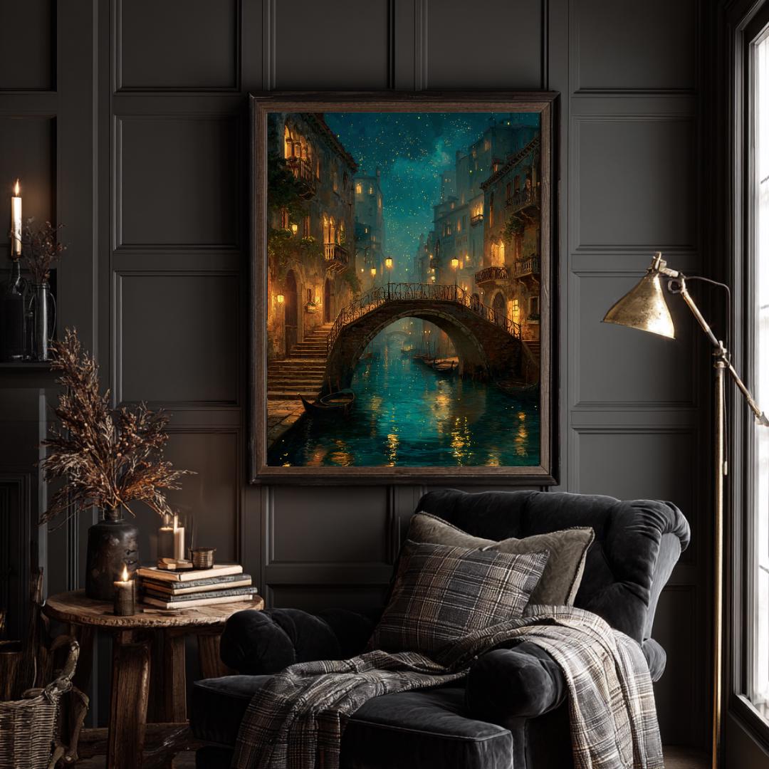 Venice Canal Wall Art Print, Moonlit Venetian Bridge Painting, Romantic Italian Nightscape Decor