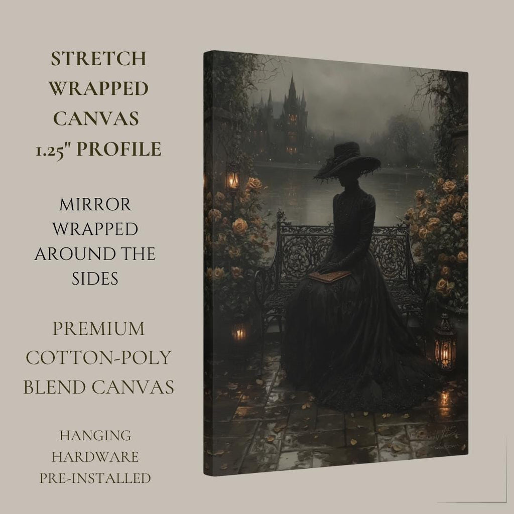 Victorian Widow in Black Lace by Misty Gothic Lake Castle Wall Art Print