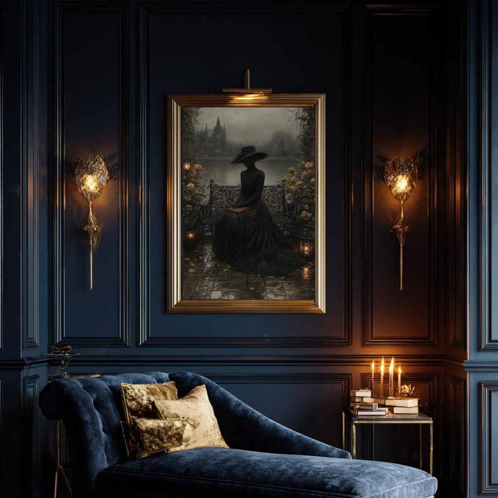 Victorian Widow in Black Lace by Misty Gothic Lake Castle Wall Art Print
