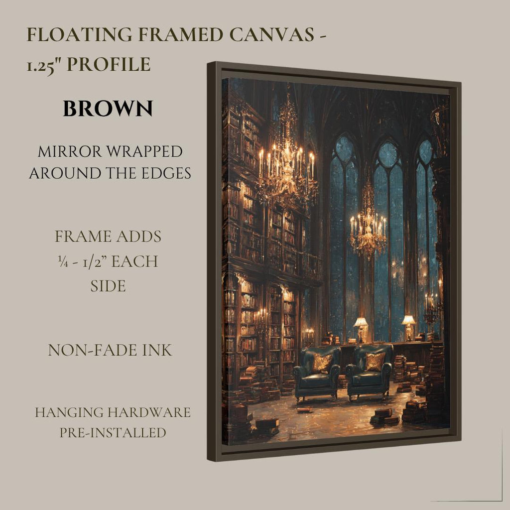Gothic Library Wall Art Print, Dark Academia Reading Room, Chandeliers Arched Windows Painting Decor