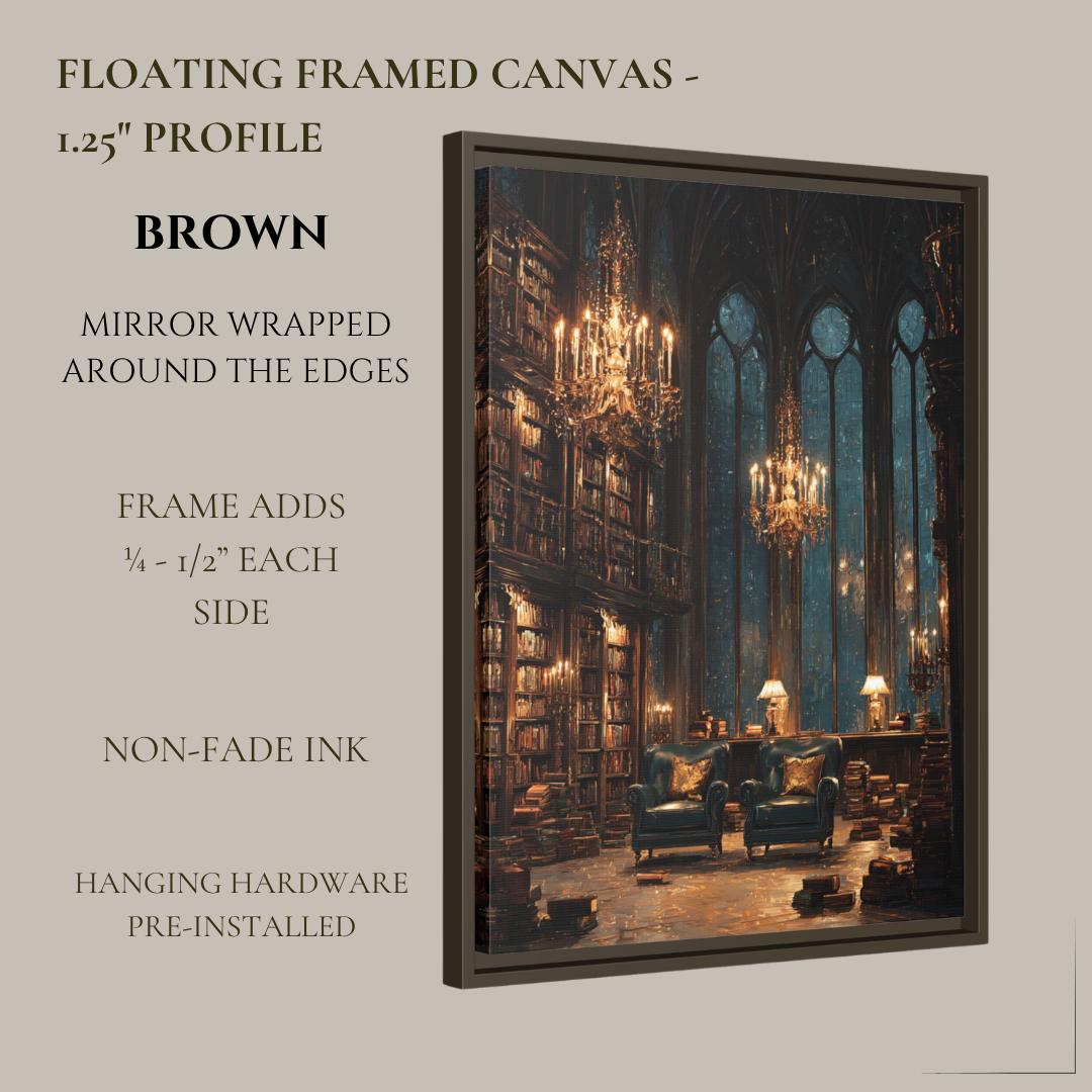 Gothic Library Wall Art Print, Dark Academia Reading Room, Chandeliers Arched Windows Painting Decor