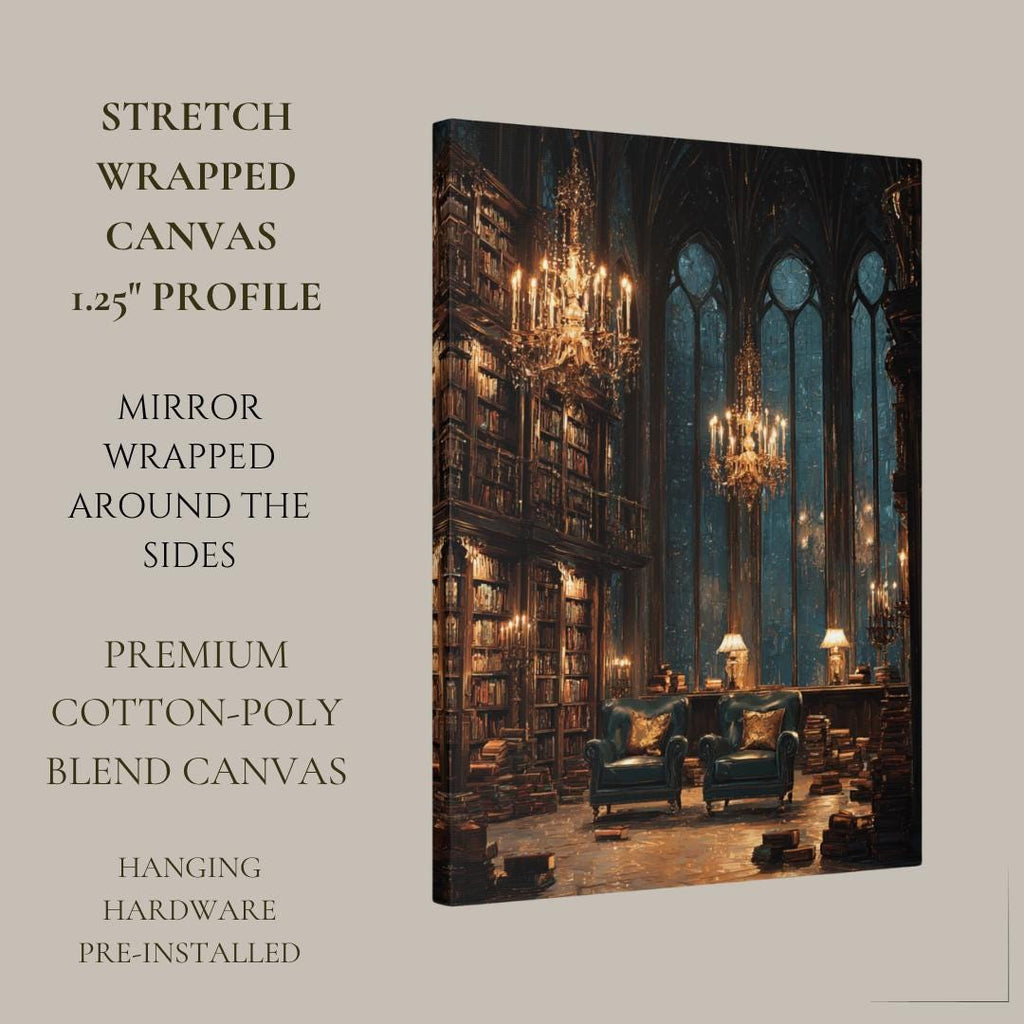 Gothic Library Wall Art Print, Dark Academia Reading Room, Chandeliers Arched Windows Painting Decor