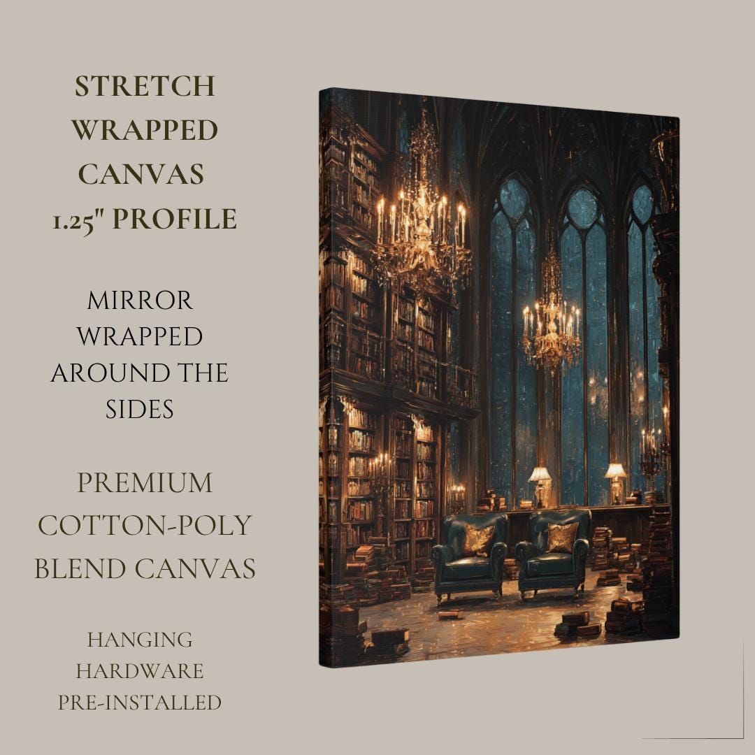 Gothic Library Wall Art Print, Dark Academia Reading Room, Chandeliers Arched Windows Painting Decor
