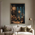 Gothic Library Wall Art Print, Dark Academia Reading Room, Chandeliers Arched Windows Painting Decor