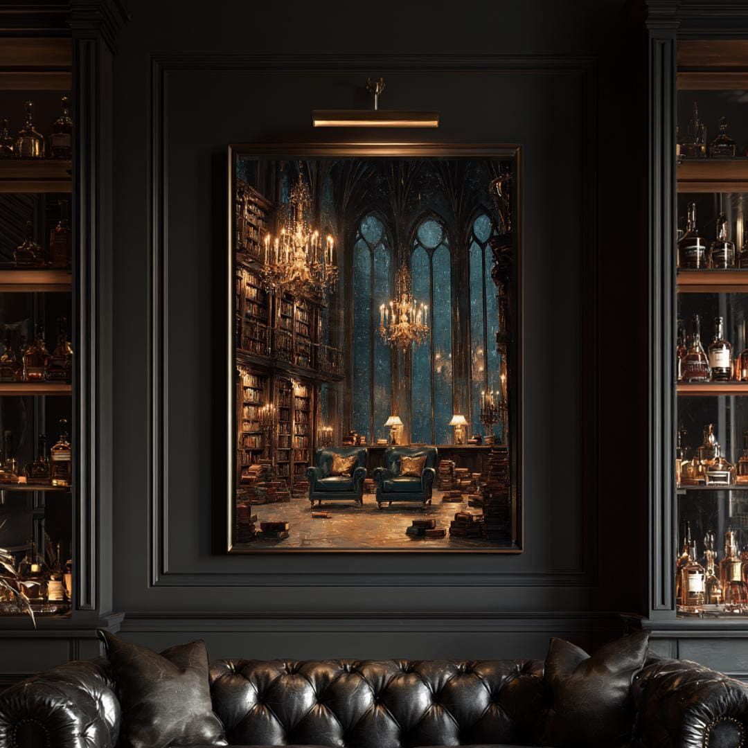 Gothic Library Wall Art Print, Dark Academia Reading Room, Chandeliers Arched Windows Painting Decor