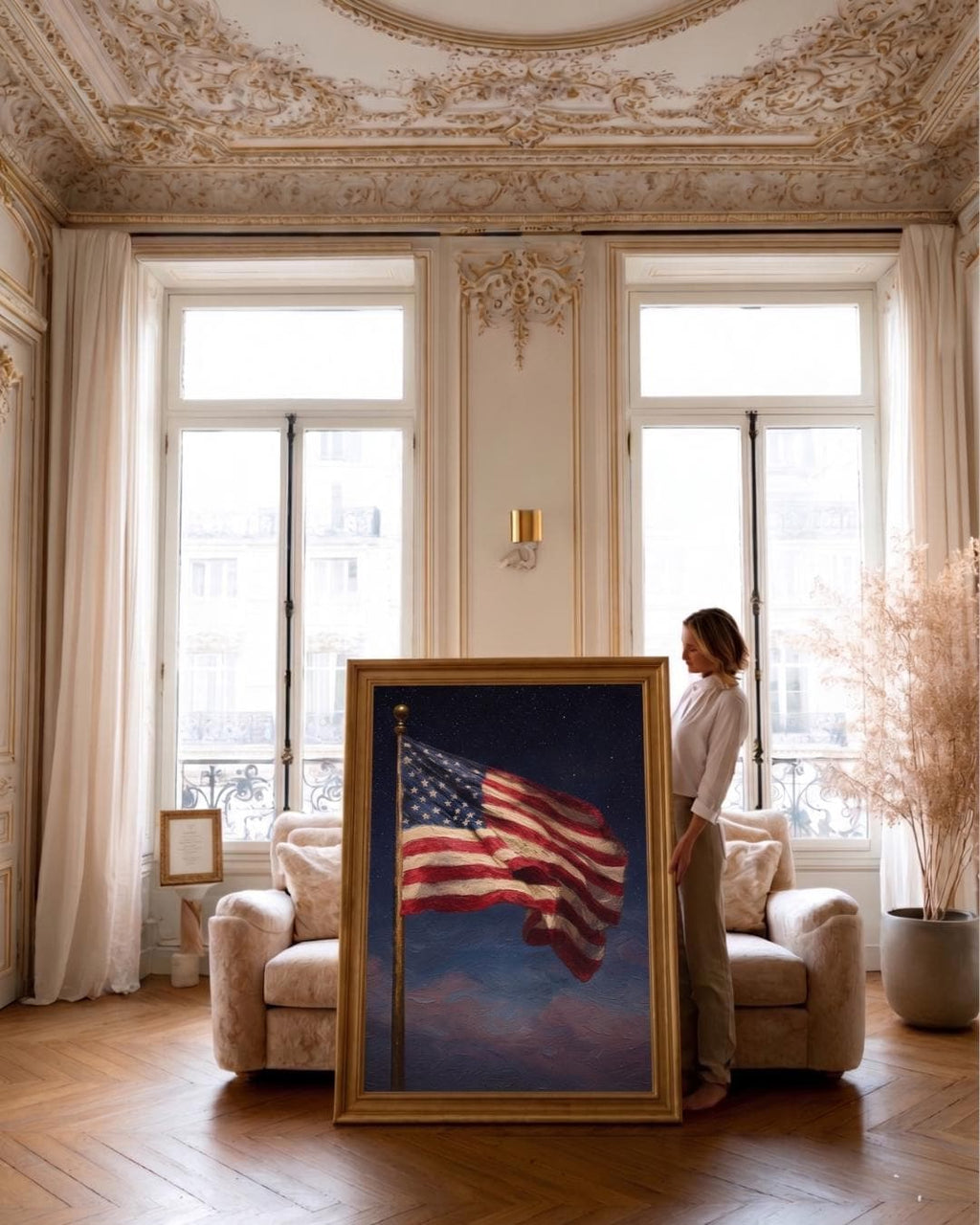 American Flag Under Starlit Sky Patriotic Wall Art Print Celestial Night Skies Artwork