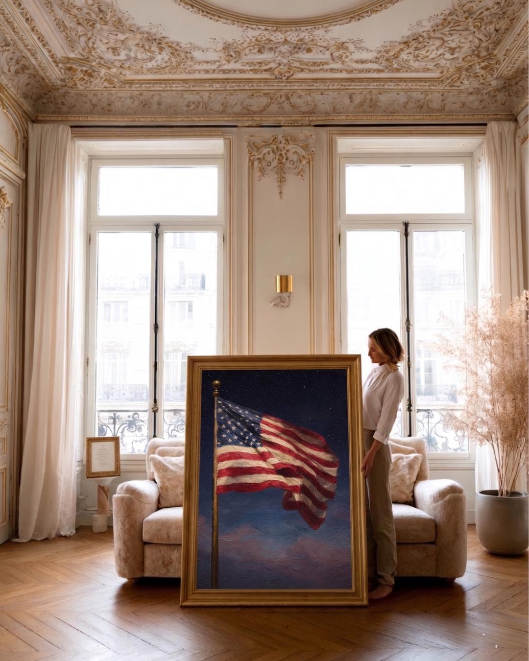 American Flag Under Starlit Sky Patriotic Wall Art Print Celestial Night Skies Artwork
