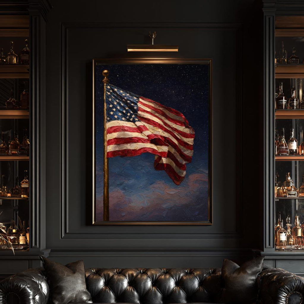 American Flag Under Starlit Sky Patriotic Wall Art Print Celestial Night Skies Artwork