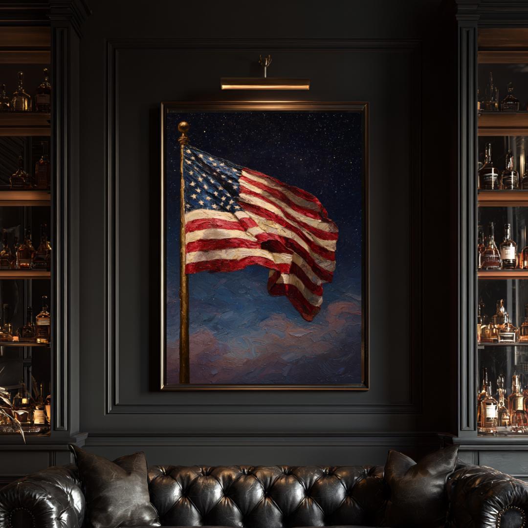 American Flag Under Starlit Sky Patriotic Wall Art Print Celestial Night Skies Artwork