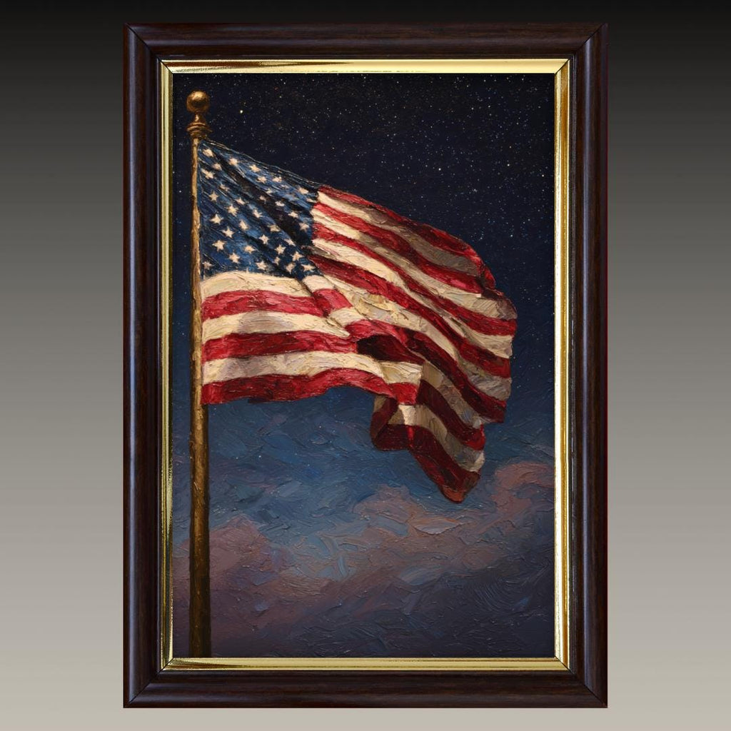 American Flag Under Starlit Sky Patriotic Wall Art Print Celestial Night Skies Artwork