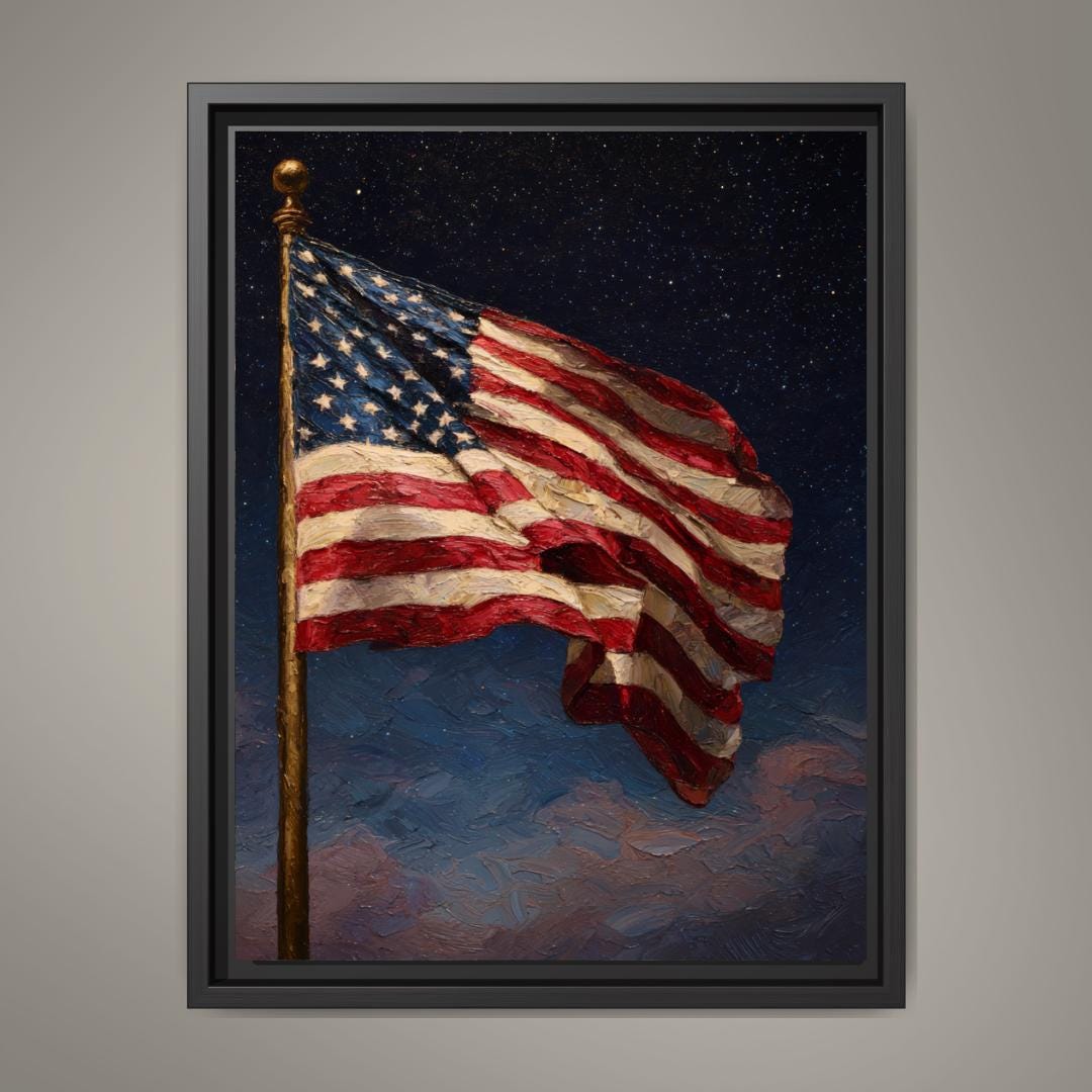 American Flag Under Starlit Sky Patriotic Wall Art Print Celestial Night Skies Artwork