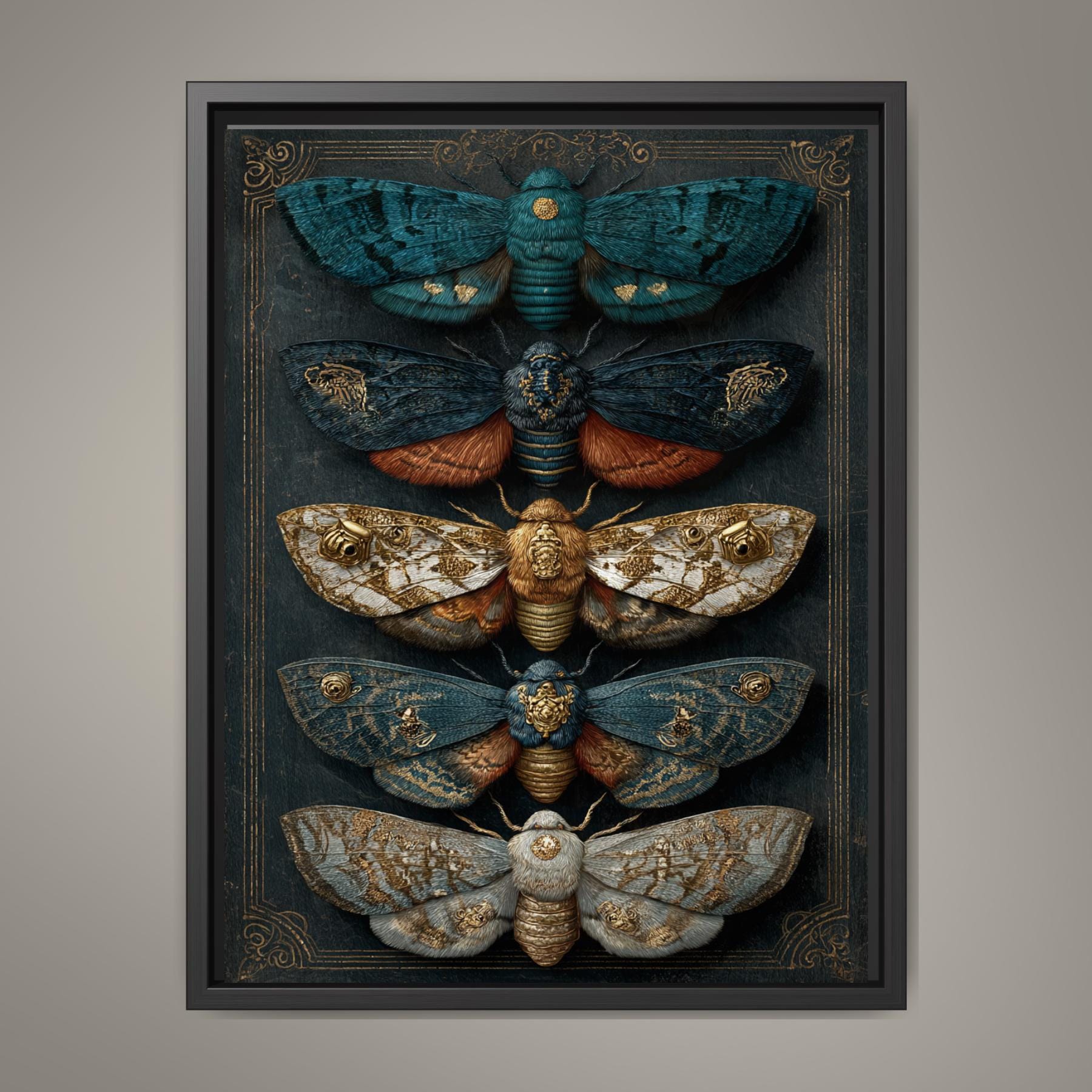 Five Moths Wall Art Print, Dark Academia Moth Specimen Board, Victorian Entomology Decor Artwork Main image