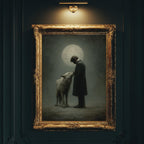 Moonlit Man and Wolf Wall Art Print, Mystical Nightime Direwolf Guardian Painting