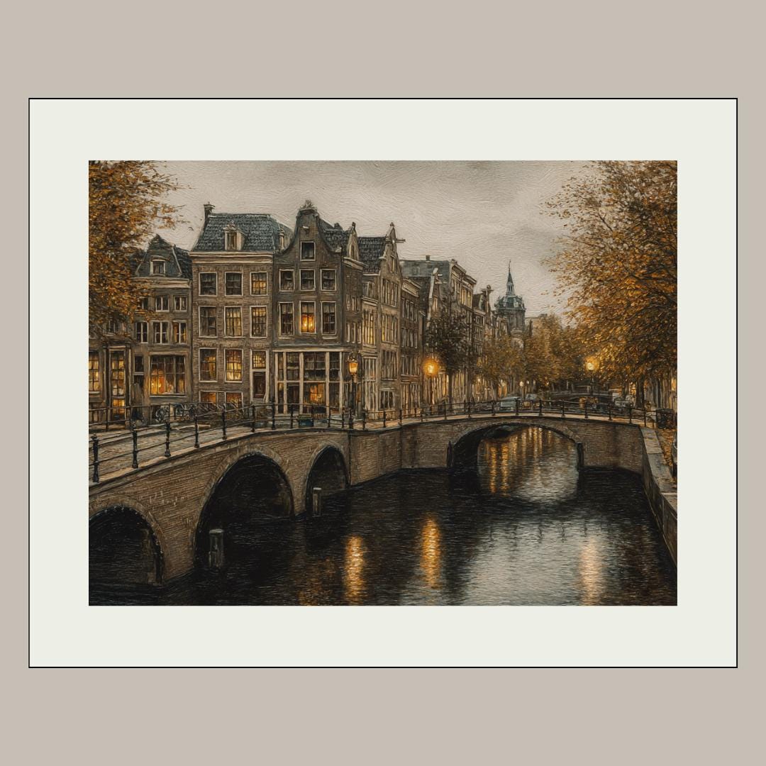 Amsterdam Canal Moody Wall Art Print, European Cityscape Architecture Artwork, Vintage Street Scene Decor Secondary image