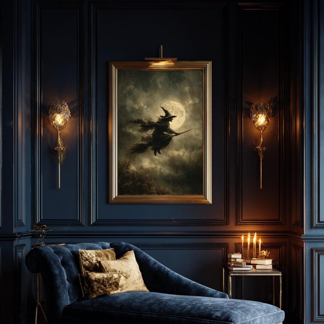 Vintage Witch Print, Flying Broomstick Silhouette, Full Moon Halloween Witchy Dark Moody Decor Secondary image