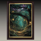 Enchanted Forest Wall Art Print, Teal Fairy Lantern Woodland Decor, Magical Dark Academia Artwork