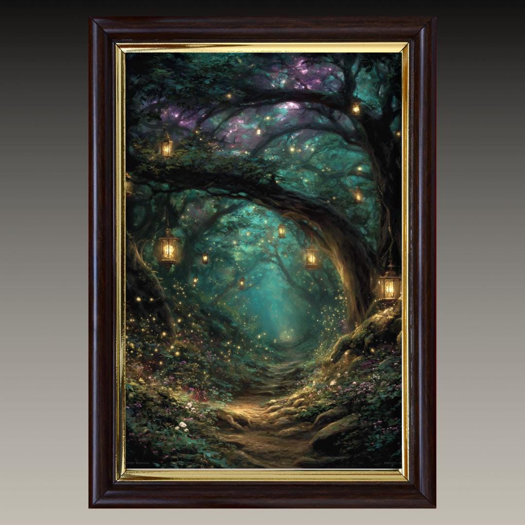 Enchanted Forest Wall Art Print, Teal Fairy Lantern Woodland Decor, Magical Dark Academia Artwork