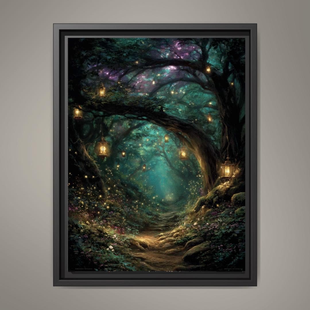 Enchanted Forest Wall Art Print, Teal Fairy Lantern Woodland Decor, Magical Dark Academia Artwork Main image