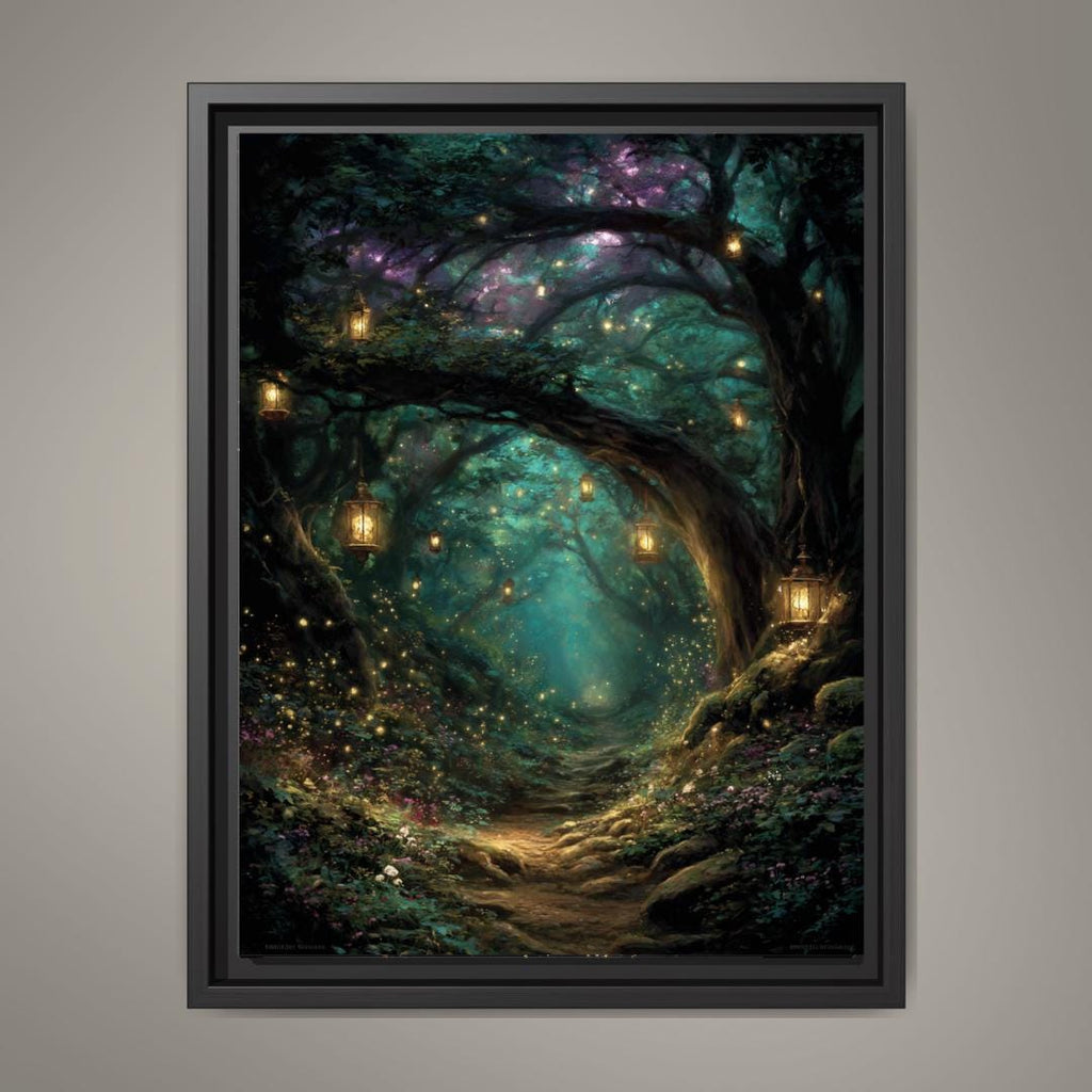Enchanted Forest Wall Art Print, Teal Fairy Lantern Woodland Decor, Magical Dark Academia Artwork