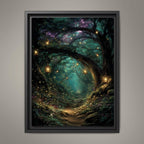 Enchanted Forest Wall Art Print, Teal Fairy Lantern Woodland Decor, Magical Dark Academia Artwork