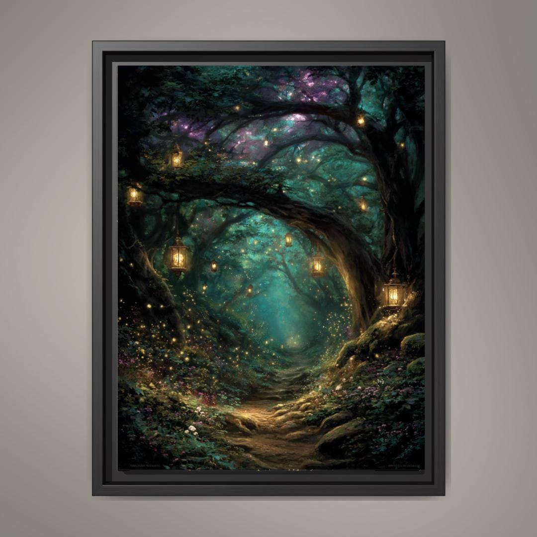 Enchanted Forest Wall Art Print, Teal Fairy Lantern Woodland Decor, Magical Dark Academia Artwork