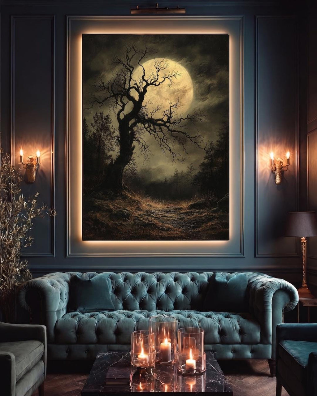 Gothic Full Moon Forest Wall Art Print, Spooky Tree Silhouette Haunted Woodland Decor