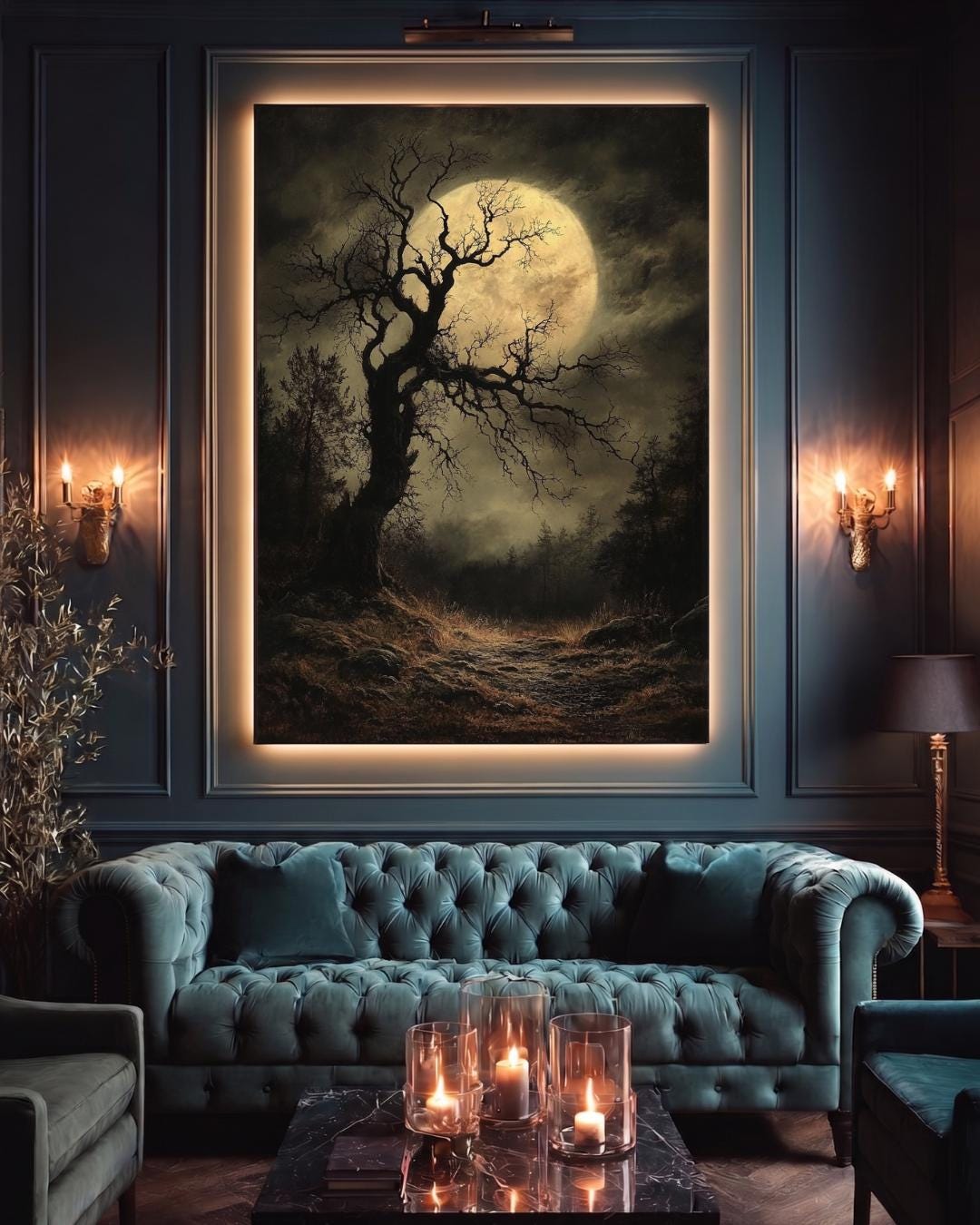 Gothic Full Moon Forest Wall Art Print, Spooky Tree Silhouette Haunted Woodland Decor