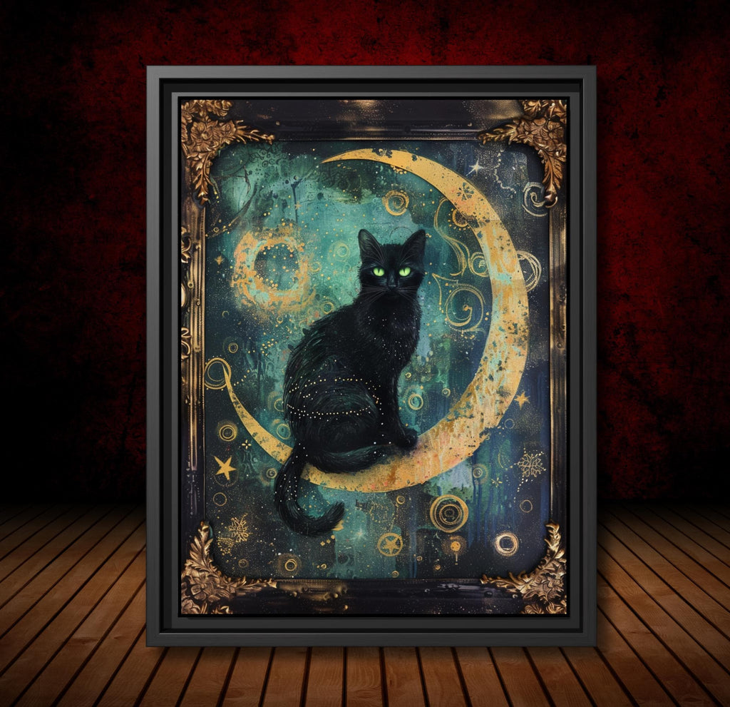 Celestial Black Cat Art Print, Gothic Moon Decor