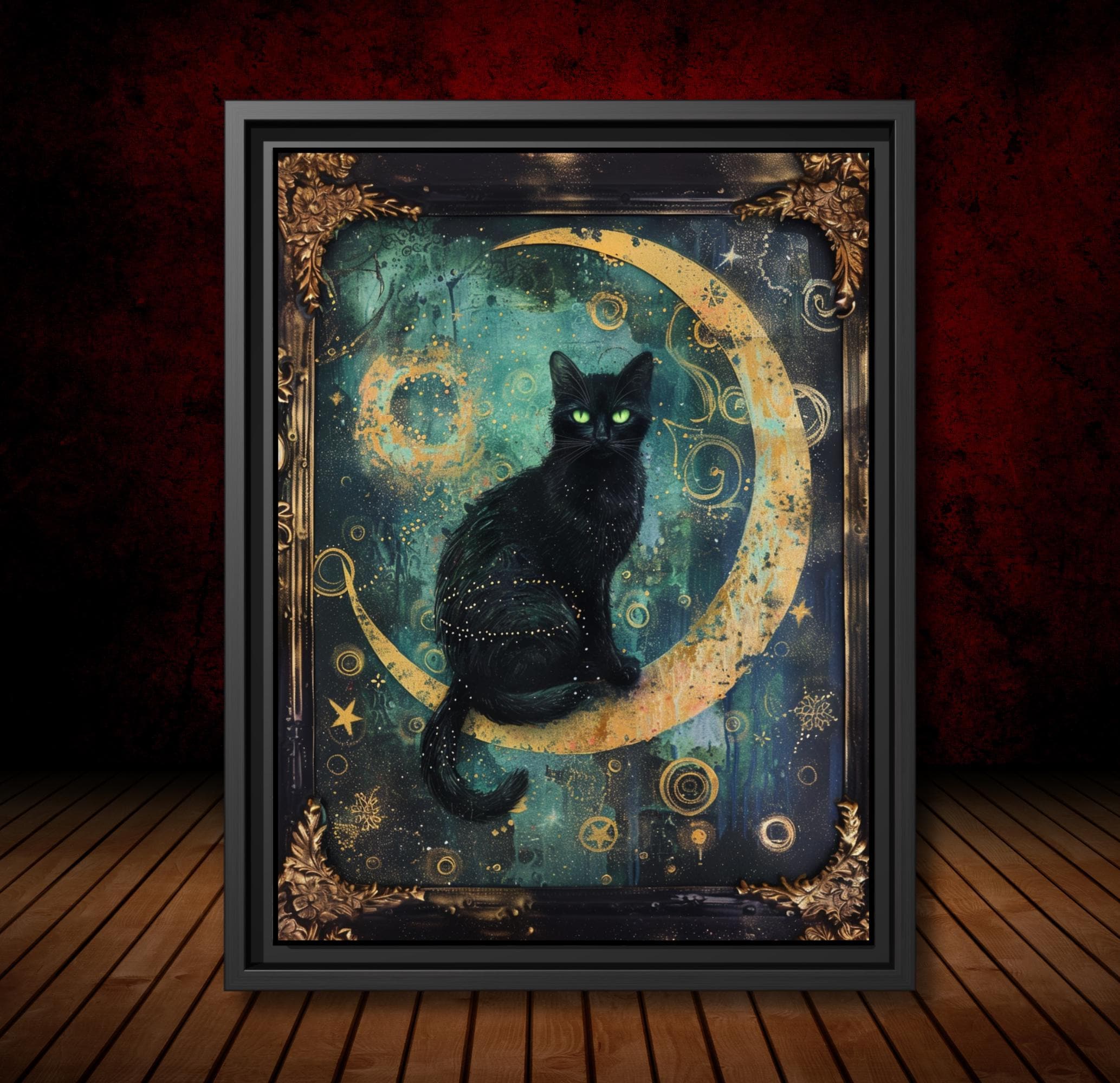 Celestial Black Cat Art Print, Gothic Moon Decor